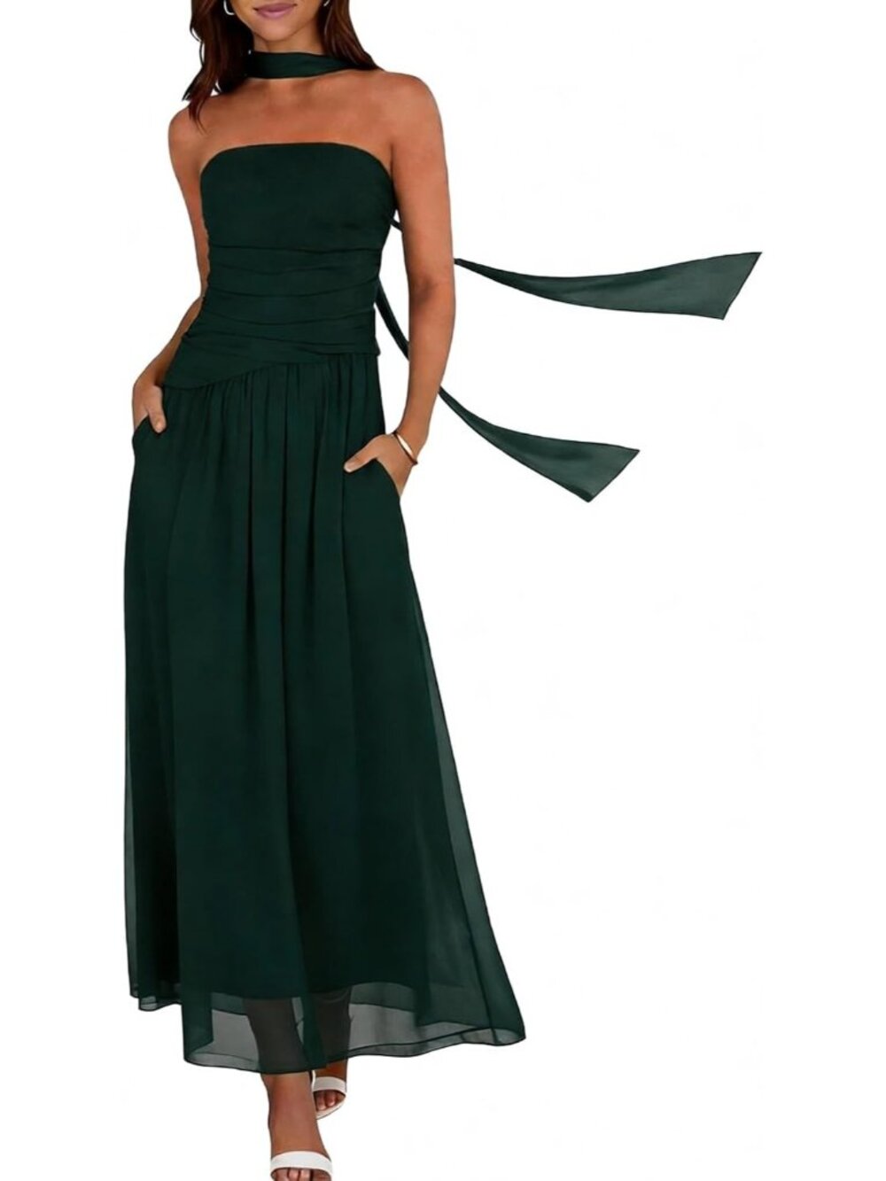 Women's Dark Green Strapless Ruched Elastic Waist Side Pocket Wedding Maxi Dress